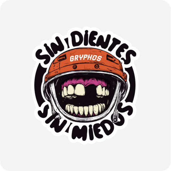 Stiker “Sin dientes, sin miedos” de Gryphos ®. Diseño de 5x5 cm para fanáticos del hockey o frases atrevidas. Resistente, original y con mucha actitud.